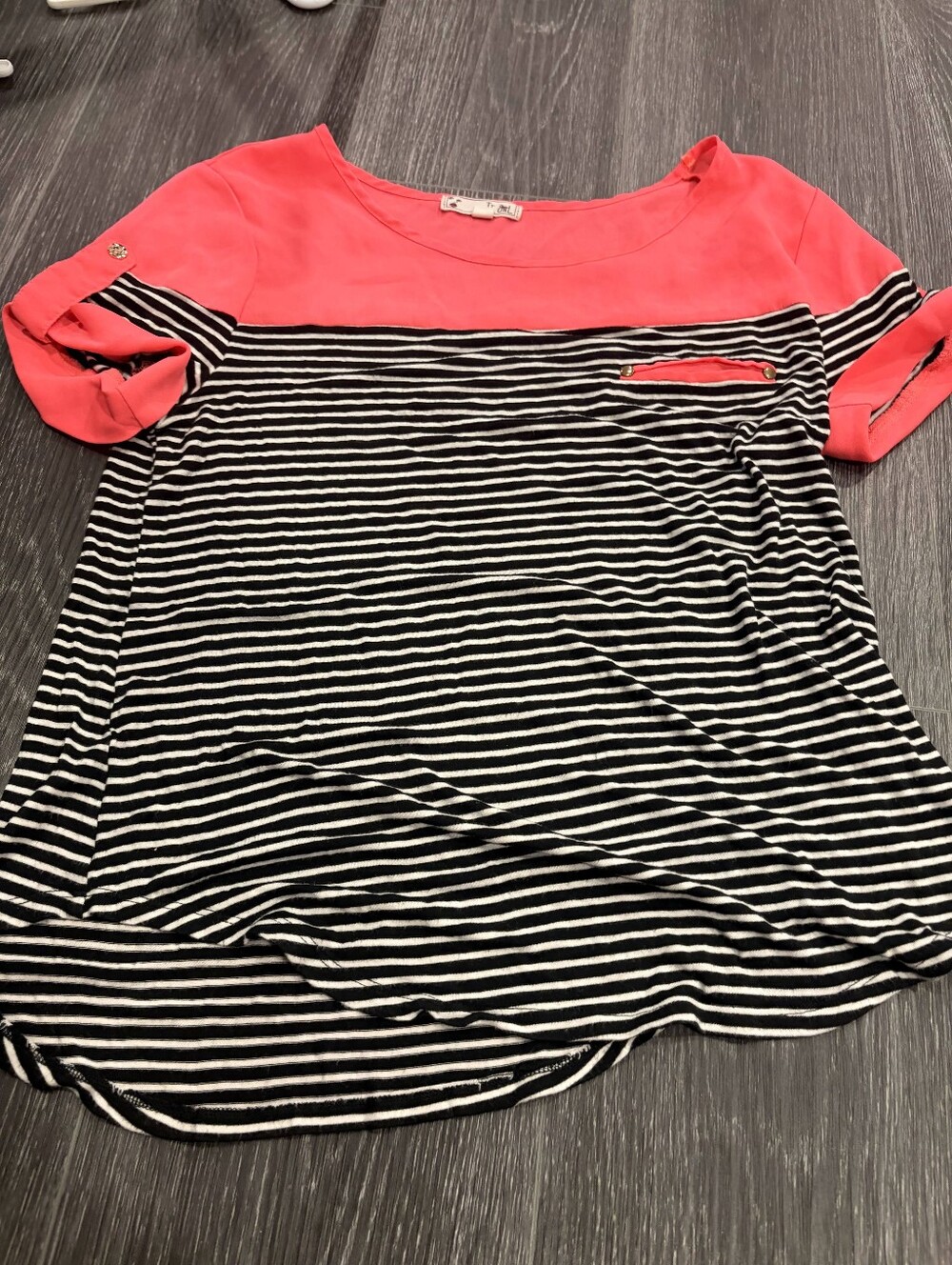 Women's Black & White Striped Short-Sleeve Top with Coral Yoke